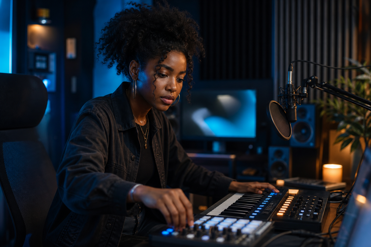 Demo profile artwork of a young Black female producer working at a keyboard.