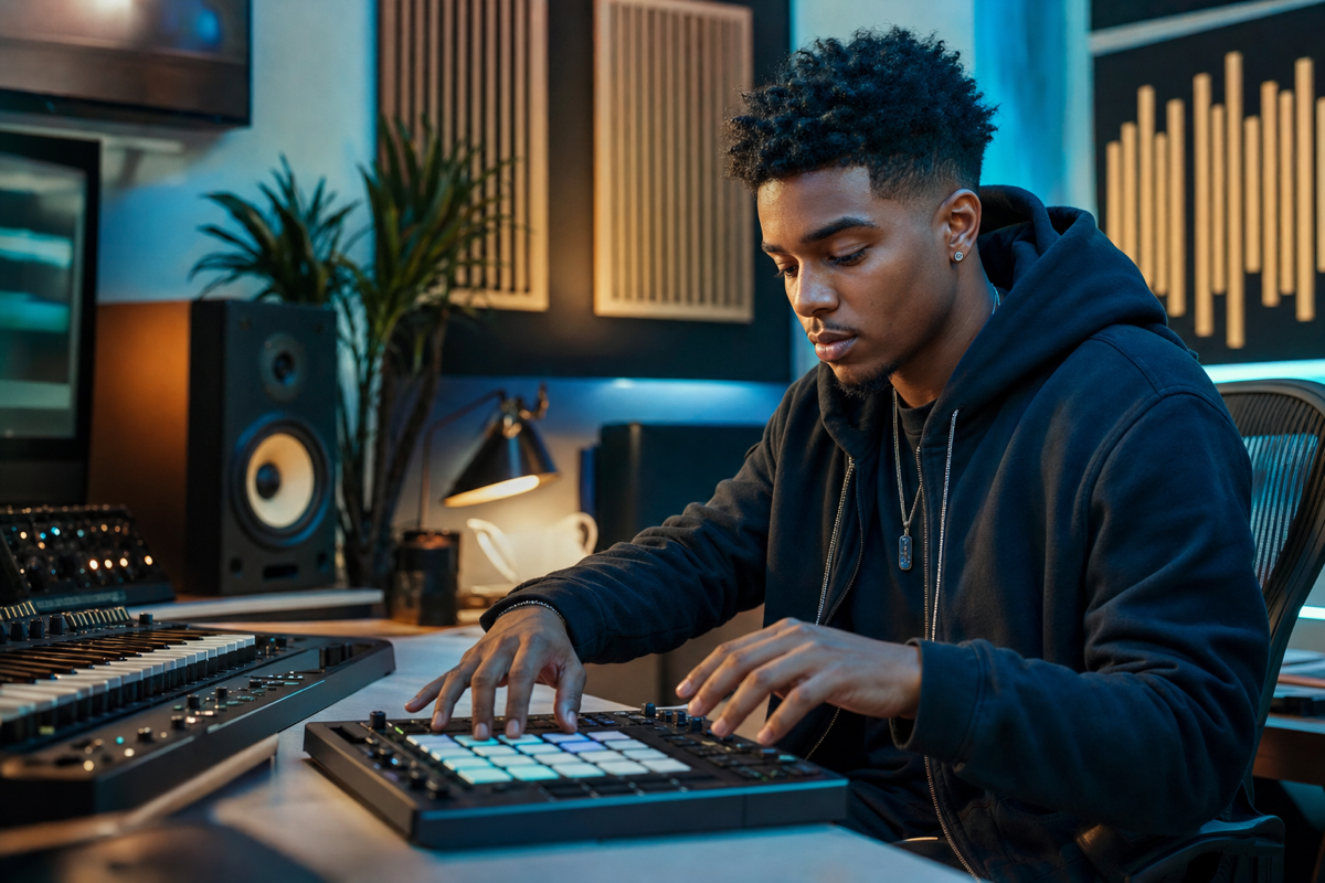 Demo profile artwork of a young Black male producer using a drum controller.