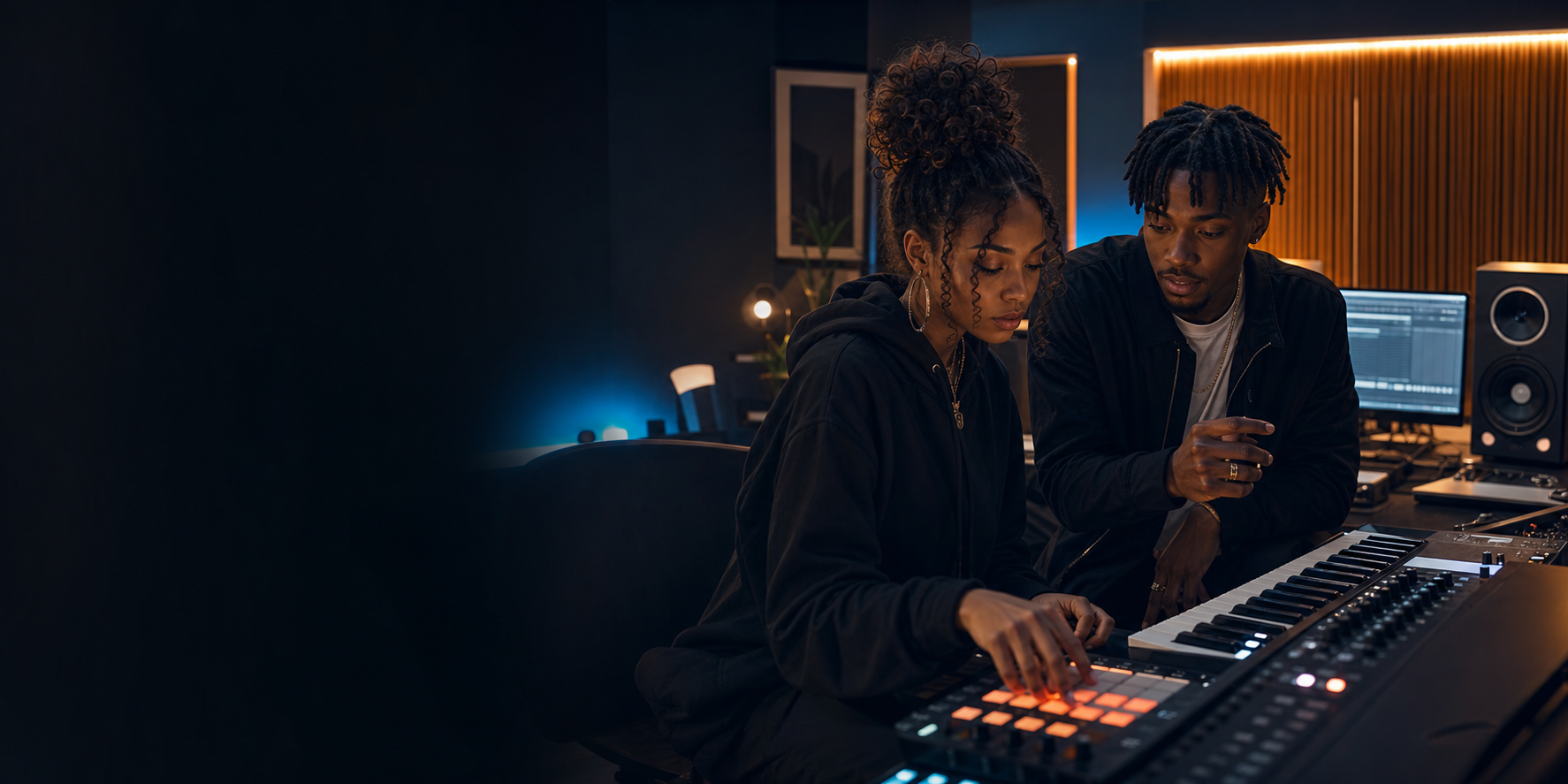 Demo artwork of two young Black producers creating music together in a studio.