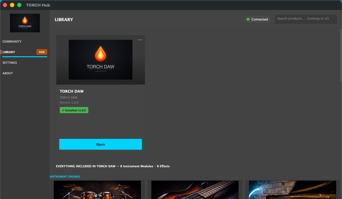 Actual TORCH Hub Library interface showing TORCH DAW available to manage.